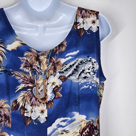 90s Hilo Hattie‎ Hawaiian Tropical Print Sleeveless Sheath Dress Side Tie Blue M - Picture 6 of 11